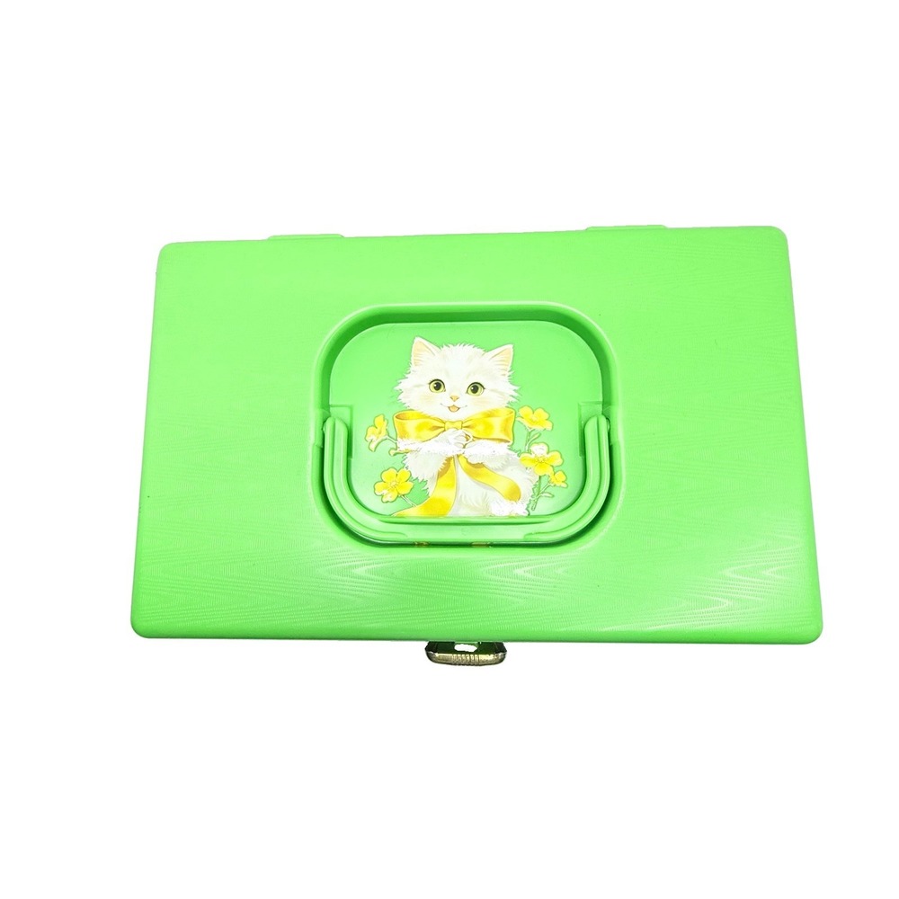Vintage Wil-Hold Small Sewing Box Green Kitten Cat Retro Craft Organizer USA